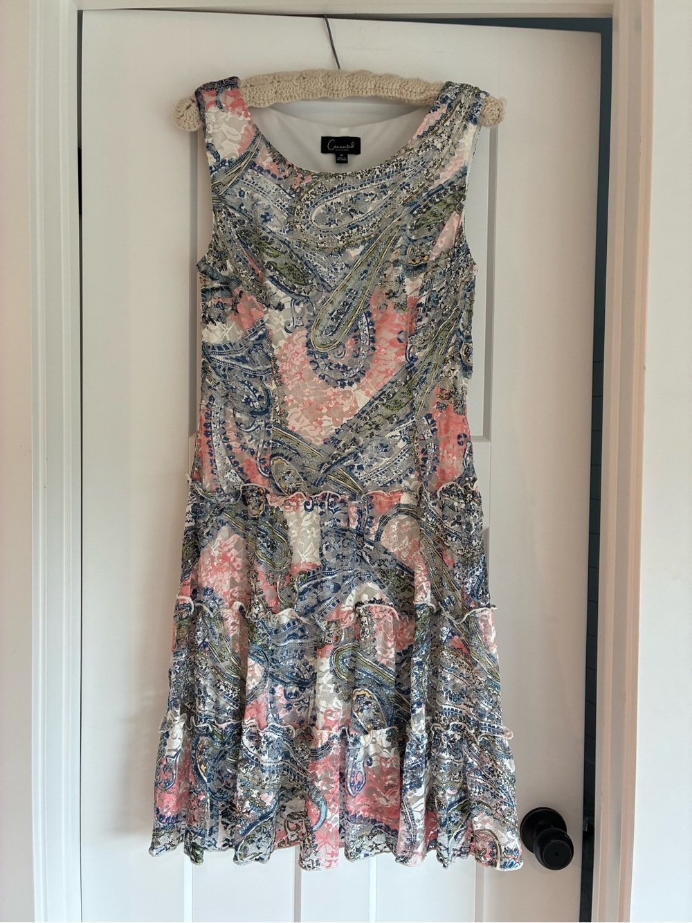Lace Overlay Pink Paisley drop waist Tiered Sleeveless Dress 1920s flapper vibes